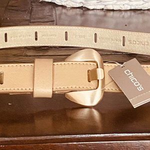Chico's Champagne Leather Belt with Sculpted Metallic Buckle